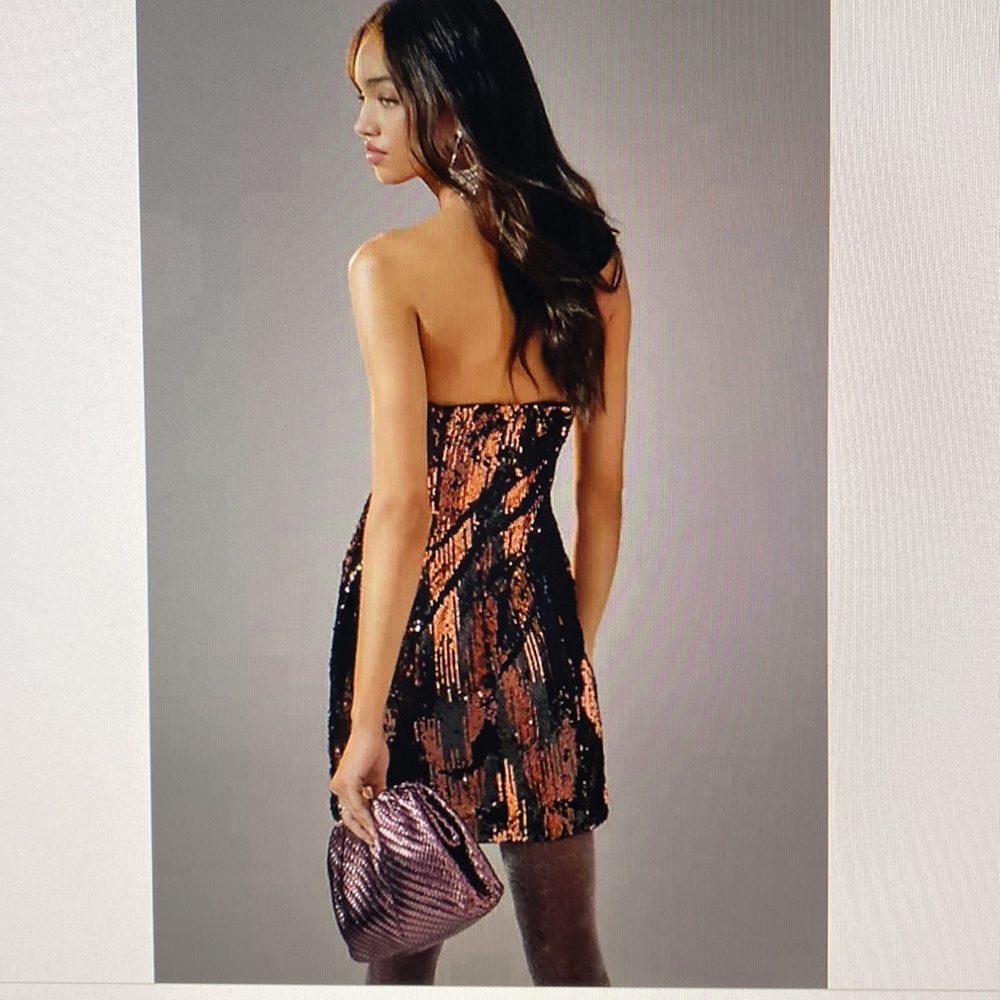 Anthropologie STRAPLESS SEQUIN MINI DRESS Rich Copper Feminine Party Sparkle NWT